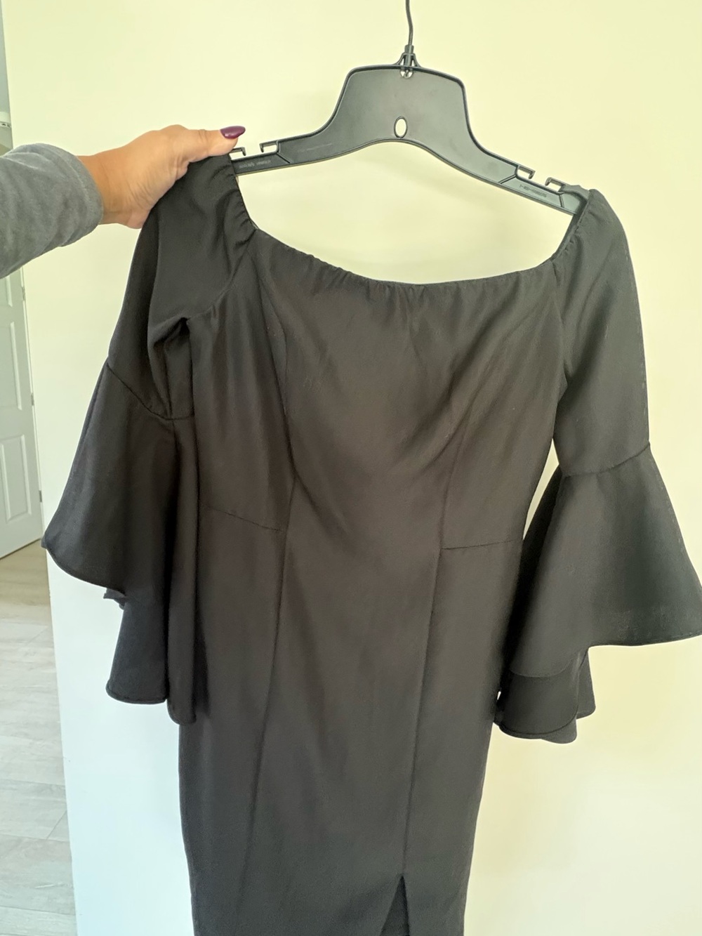 VENUS Black Off-Shoulder Dress with Tiered Bell Sleeves